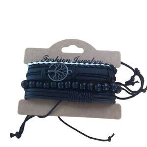 Black Leather Bracelet Set Tree of‎ Life Fashion Jewelry Men's Wristband